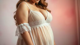 A curvy woman wearing a sheer, transparent babydoll dress that gracefully drapes over her figure, emphasizing her voluptuous curves and ample bosom