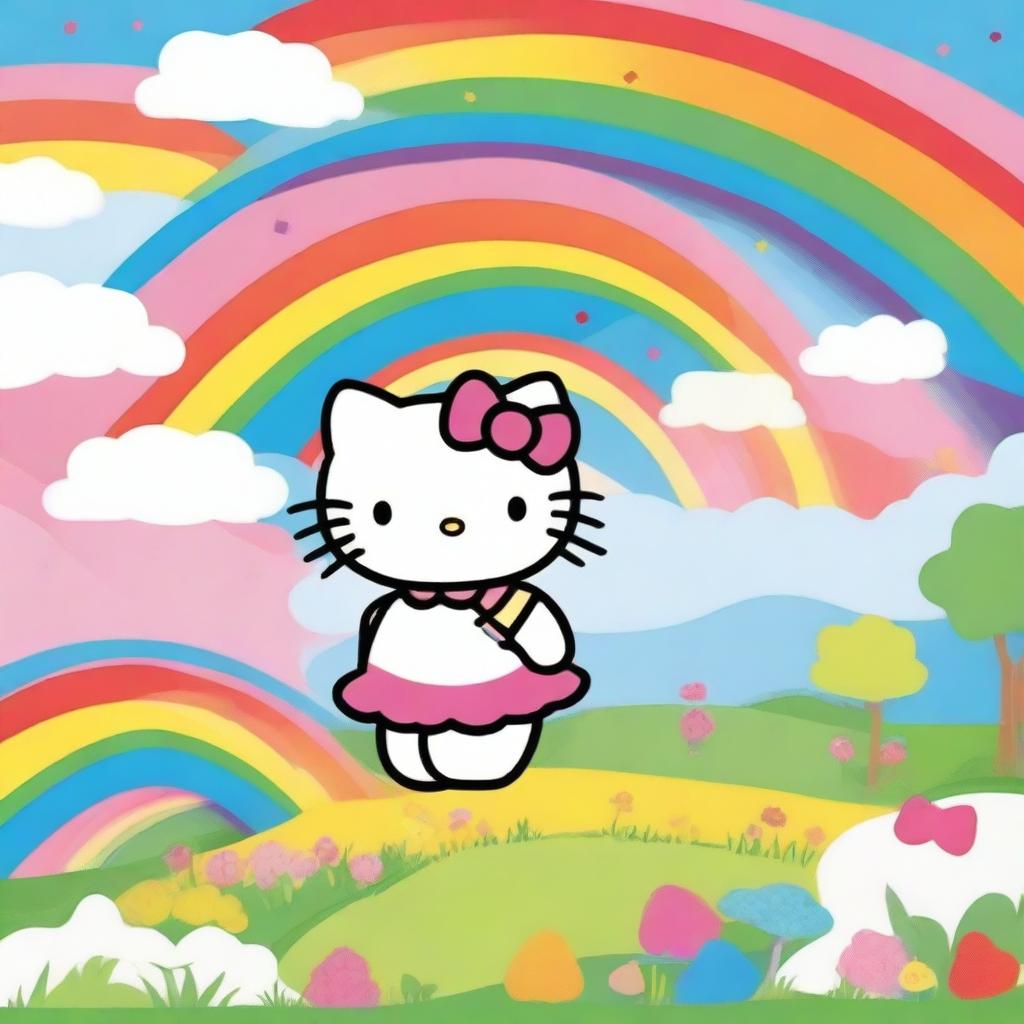 A charming image of Hello Kitty standing under a colorful rainbow in a joyful landscape.