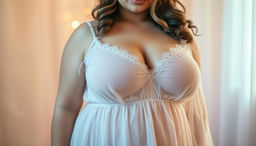 A curvy woman wearing a sheer, transparent babydoll dress that gracefully drapes over her figure, emphasizing her voluptuous curves and ample bosom