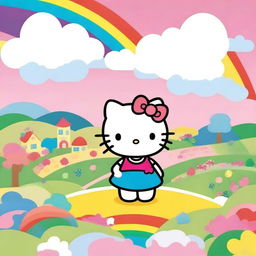 A charming image of Hello Kitty standing under a colorful rainbow in a joyful landscape.