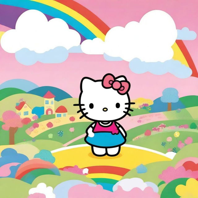 A charming image of Hello Kitty standing under a colorful rainbow in a joyful landscape.