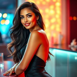 A stunningly beautiful woman with an alluring figure, wearing an elegant outfit that accentuates her curves