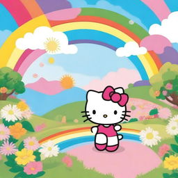 A charming image of Hello Kitty standing under a colorful rainbow in a joyful landscape.