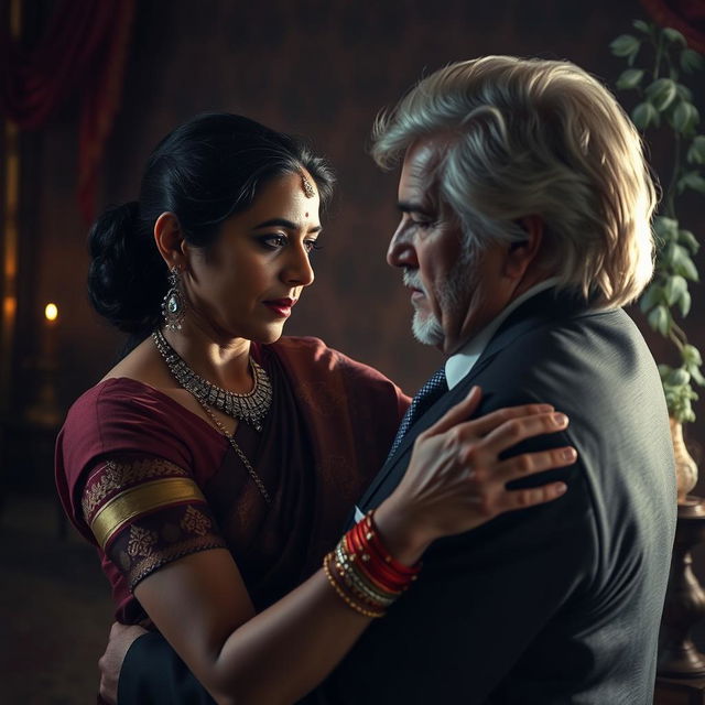 A dramatic and intense scene depicting a middle-aged Indian woman, dressed in traditional attire with intricate patterns and vibrant colors, engaging in a secretive encounter with an older man, who has distinguished silver hair and is wearing a well-tailored suit