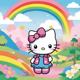 A charming image of Hello Kitty standing under a colorful rainbow in a joyful landscape.