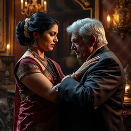 A dramatic and intense scene depicting a middle-aged Indian woman, dressed in traditional attire with intricate patterns and vibrant colors, engaging in a secretive encounter with an older man, who has distinguished silver hair and is wearing a well-tailored suit