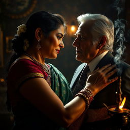 A dramatic and intense scene depicting a middle-aged Indian woman, dressed in traditional attire with intricate patterns and vibrant colors, engaging in a secretive encounter with an older man, who has distinguished silver hair and is wearing a well-tailored suit