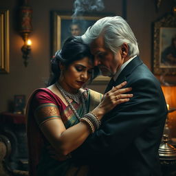 A dramatic and intense scene depicting a middle-aged Indian woman, dressed in traditional attire with intricate patterns and vibrant colors, engaging in a secretive encounter with an older man, who has distinguished silver hair and is wearing a well-tailored suit