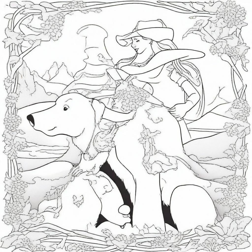 A brave cowboy shielding a woman from a bear, in the format of an intricate colouring book page.