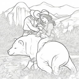 A brave cowboy shielding a woman from a bear, in the format of an intricate colouring book page.