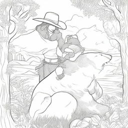 A brave cowboy shielding a woman from a bear, in the format of an intricate colouring book page.