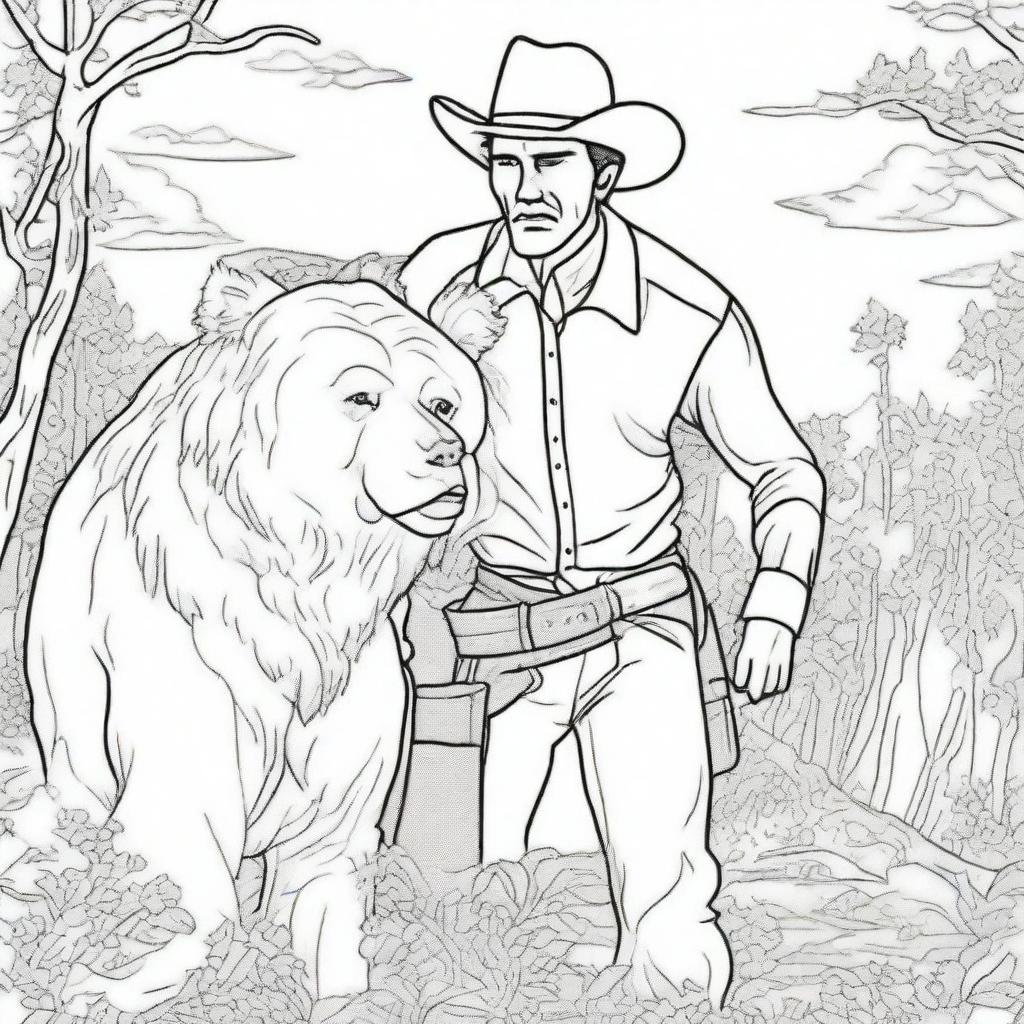 A brave cowboy shielding a woman from a bear, in the format of an intricate colouring book page.