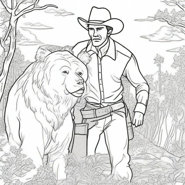 A brave cowboy shielding a woman from a bear, in the format of an intricate colouring book page.