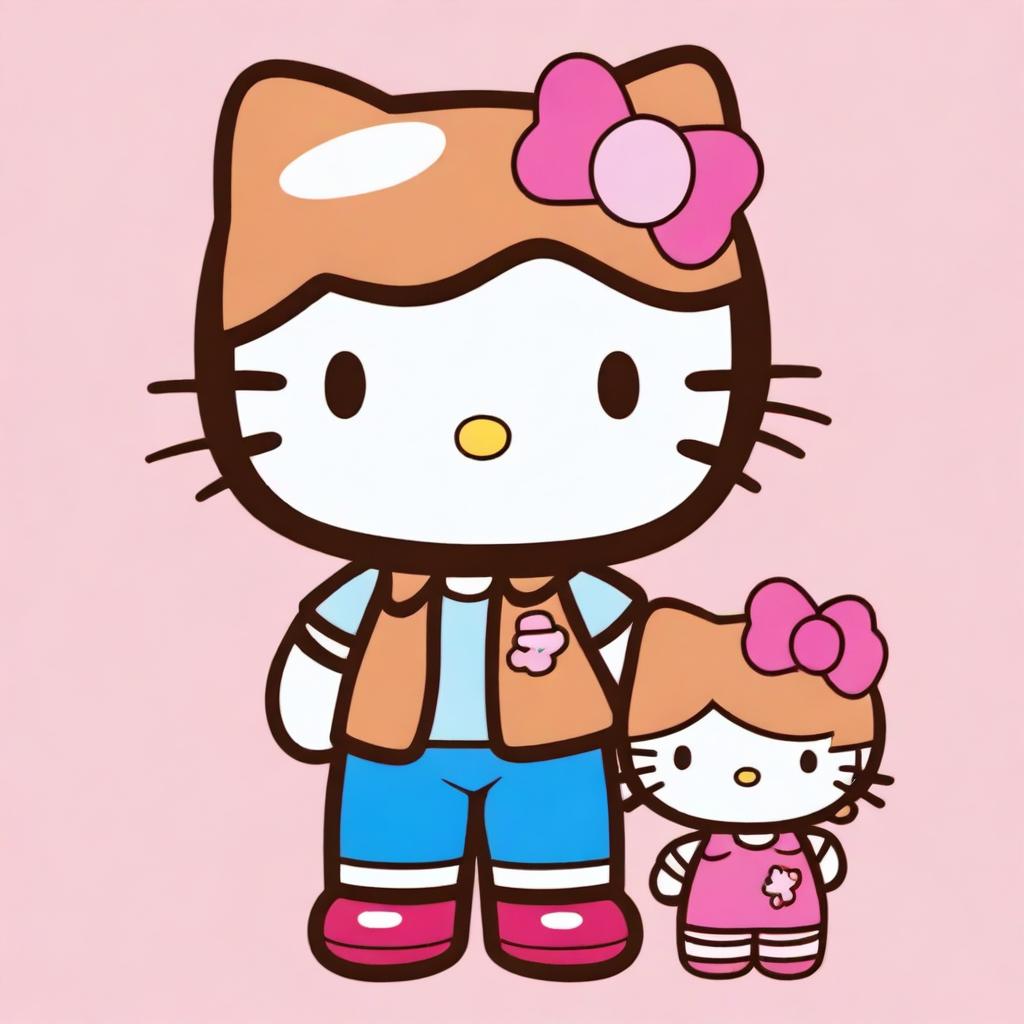 Generate an image of a version of Hello Kitty with short, curly, light brown hair that reaches past the shoulders and a male Hello Kitty with short, straight brown hair