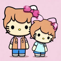 Generate an image of a version of Hello Kitty with short, curly, light brown hair that reaches past the shoulders and a male Hello Kitty with short, straight brown hair