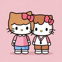 Generate an image of a version of Hello Kitty with short, curly, light brown hair that reaches past the shoulders and a male Hello Kitty with short, straight brown hair