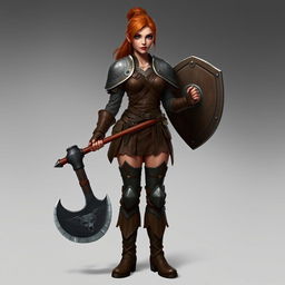 A tall human female paladin with a brown complexion and striking blue eyes, her long auburn hair is tied back neatly
