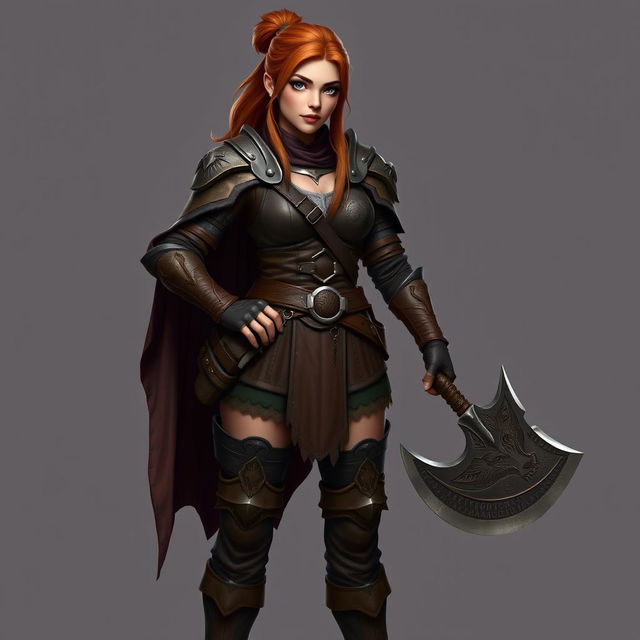 A tall human female paladin with a brown complexion and striking blue eyes, her long auburn hair is tied back neatly