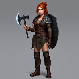 A tall human female paladin with a brown complexion and striking blue eyes, her long auburn hair is tied back neatly