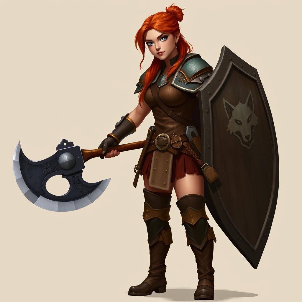 A tall human female paladin with a brown complexion and striking blue eyes, her long auburn hair is tied back neatly