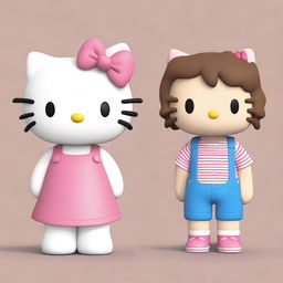 Generate an image of a version of Hello Kitty with short, curly, light brown hair that reaches past the shoulders and a male Hello Kitty with short, straight brown hair