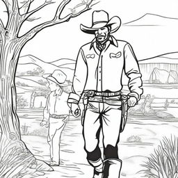 A cowboy and his young son, both in cowboy attire, exploring the Wild West. Make it an engaging colouring book page.