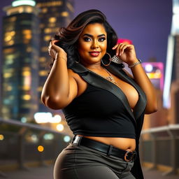 A confident and alluring thick woman posing in a stylish, trendy outfit, showcasing her curves and beauty