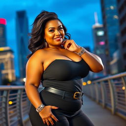 A confident and alluring thick woman posing in a stylish, trendy outfit, showcasing her curves and beauty