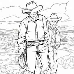 A cowboy and his young son, both in cowboy attire, exploring the Wild West. Make it an engaging colouring book page.