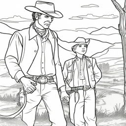 A cowboy and his young son, both in cowboy attire, exploring the Wild West. Make it an engaging colouring book page.