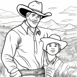 A cowboy and his young son, both in cowboy attire, exploring the Wild West. Make it an engaging colouring book page.