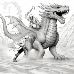 A fearless cowboy battling a fearsome dragon in an intense scene. This should be structured like a colouring book page.