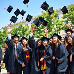 A joyful graduation scene featuring a diverse group of students in caps and gowns celebrating outside their university campus