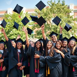 A joyful graduation scene featuring a diverse group of students in caps and gowns celebrating outside their university campus