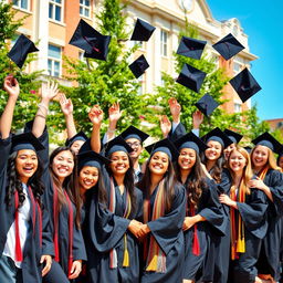 A joyful graduation scene featuring a diverse group of students in caps and gowns celebrating outside their university campus