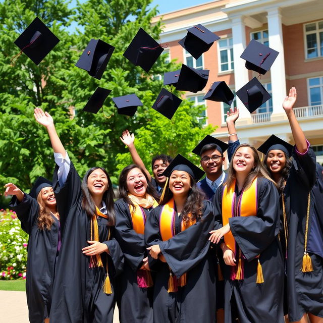 A joyful graduation scene featuring a diverse group of students in caps and gowns celebrating outside their university campus