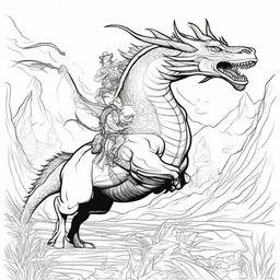 A fearless cowboy battling a fearsome dragon in an intense scene. This should be structured like a colouring book page.