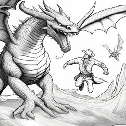 A fearless cowboy battling a fearsome dragon in an intense scene. This should be structured like a colouring book page.