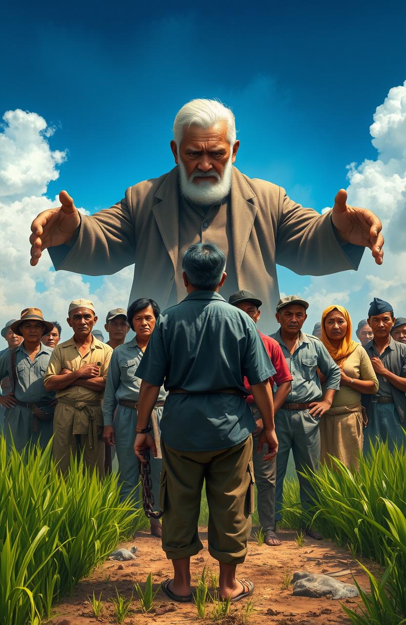 A powerful scene depicting rural Filipino farmers standing in unity, facing a looming, oppressive figure representing an elite landowner, Don Segundo, in a dramatic and expressive landscape