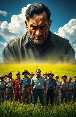 A powerful scene depicting rural Filipino farmers standing in unity, facing a looming, oppressive figure representing an elite landowner, Don Segundo, in a dramatic and expressive landscape