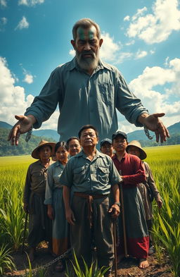 A powerful scene depicting rural Filipino farmers standing in unity, facing a looming, oppressive figure representing an elite landowner, Don Segundo, in a dramatic and expressive landscape