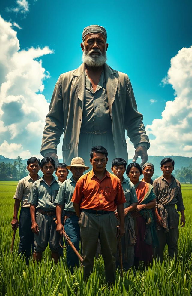 A powerful scene depicting rural Filipino farmers standing in unity, facing a looming, oppressive figure representing an elite landowner, Don Segundo, in a dramatic and expressive landscape