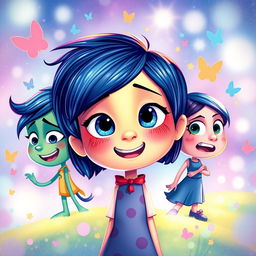A colorful and imaginative illustration inspired by the theme of 'Inside Out', featuring Riley's emotions in a vibrant and whimsical landscape