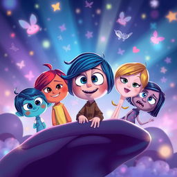 A colorful and imaginative illustration inspired by the theme of 'Inside Out', featuring Riley's emotions in a vibrant and whimsical landscape