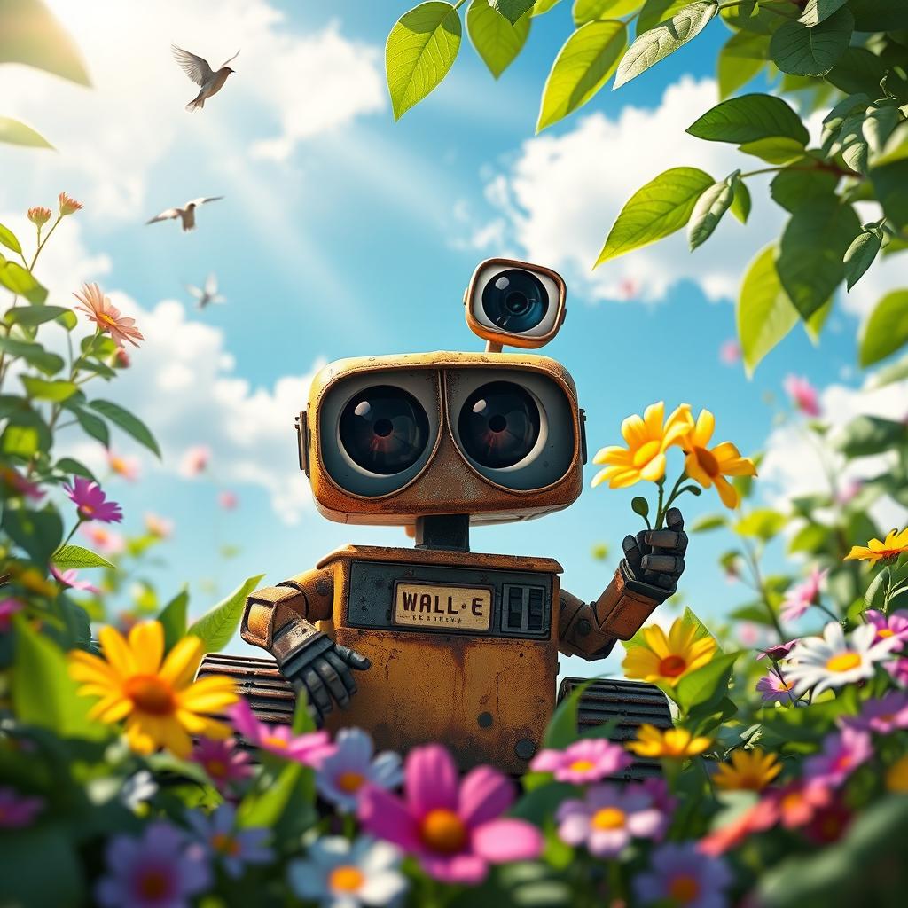 A futuristic, whimsical scene featuring a small, friendly robot resembling Wall-E, surrounded by lush greenery and vibrant flowers