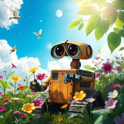 A futuristic, whimsical scene featuring a small, friendly robot resembling Wall-E, surrounded by lush greenery and vibrant flowers