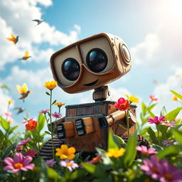 A futuristic, whimsical scene featuring a small, friendly robot resembling Wall-E, surrounded by lush greenery and vibrant flowers