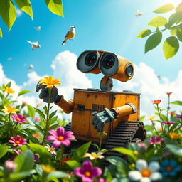 A futuristic, whimsical scene featuring a small, friendly robot resembling Wall-E, surrounded by lush greenery and vibrant flowers
