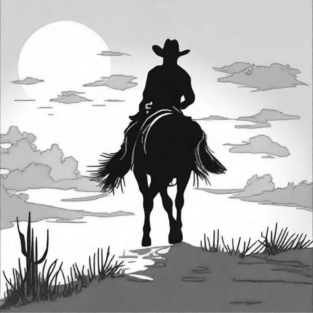 A cowboy silhouetted against a setting sun, creating a dramatic scene suitable for a colouring book page.