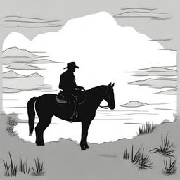 A cowboy silhouetted against a setting sun, creating a dramatic scene suitable for a colouring book page.